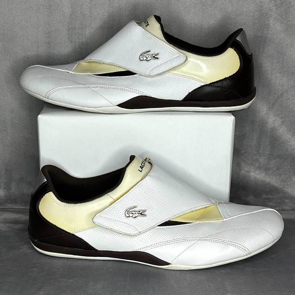 Lacoste Leather Strap Sneakers White Brown Size 12 Casual Loafers